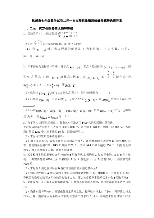 杭州市七年级数学试卷二元一次方程组易错压轴解答题精选附答案