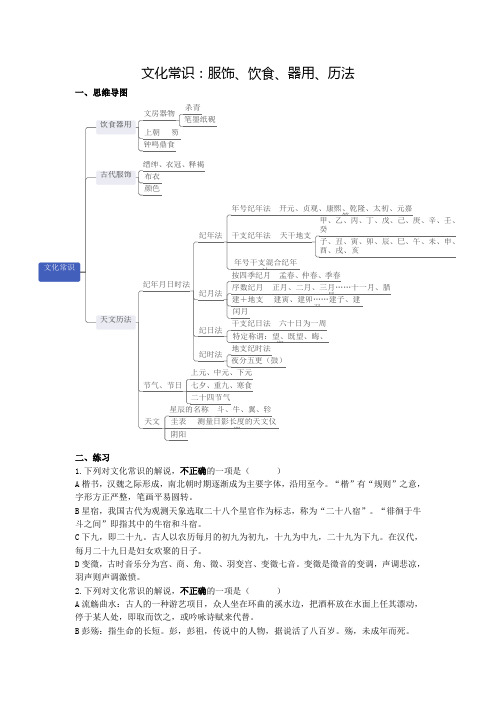 高中文化常识之饮食器用、古代服饰、天文历法(练习)