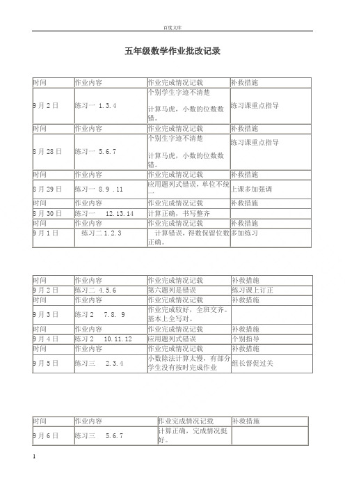 小学数学五年级作业批改记录