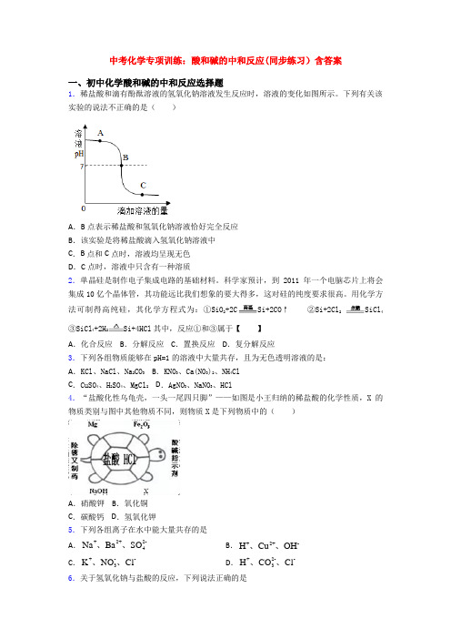 中考化学专项训练：酸和碱的中和反应(同步练习)含答案