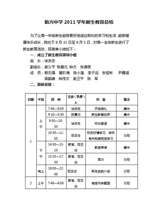 始兴中学2011学年新生教育总结