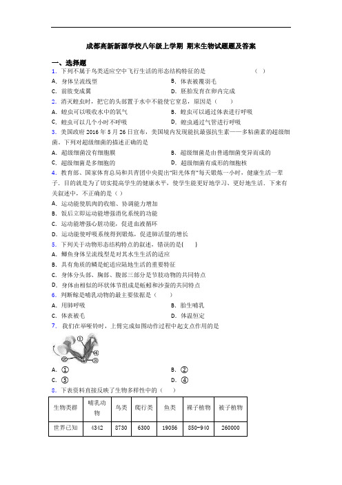 成都高新新源学校八年级上学期 期末生物试题题及答案