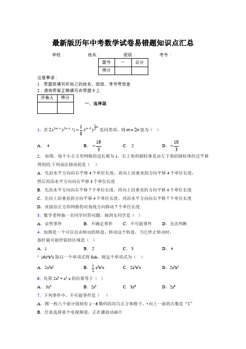 2019最新版历年中考数学试卷易错题知识点汇总126051