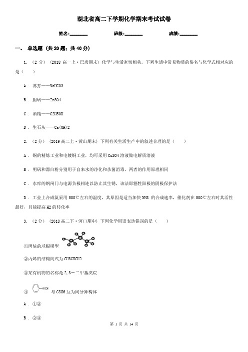 湖北省高二下学期化学期末考试试卷