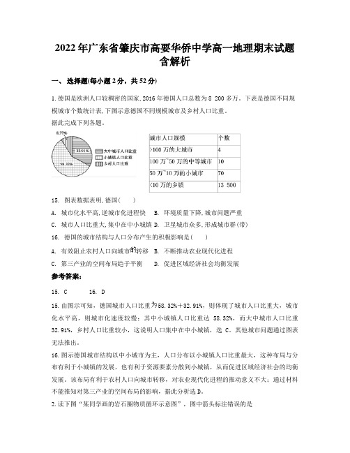 2022年广东省肇庆市高要华侨中学高一地理期末试题含解析