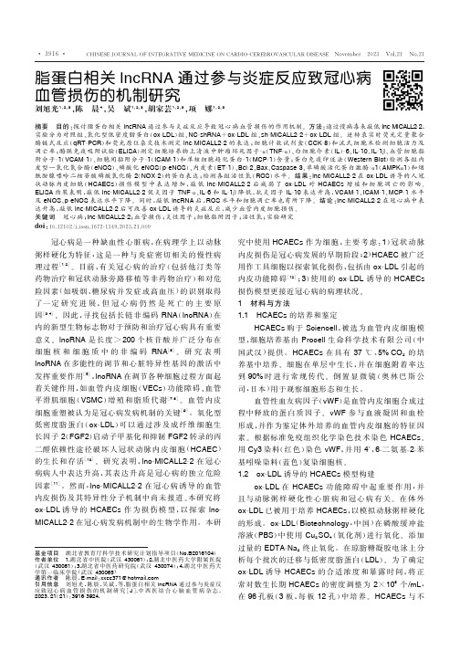 脂蛋白相关lncRNA通过参与炎症反应致冠心病血管损伤的机制研究