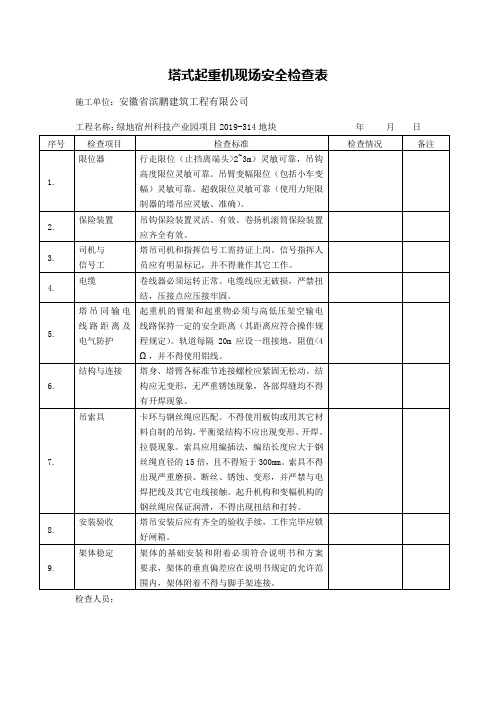 塔式起重机现场安全检查表---要