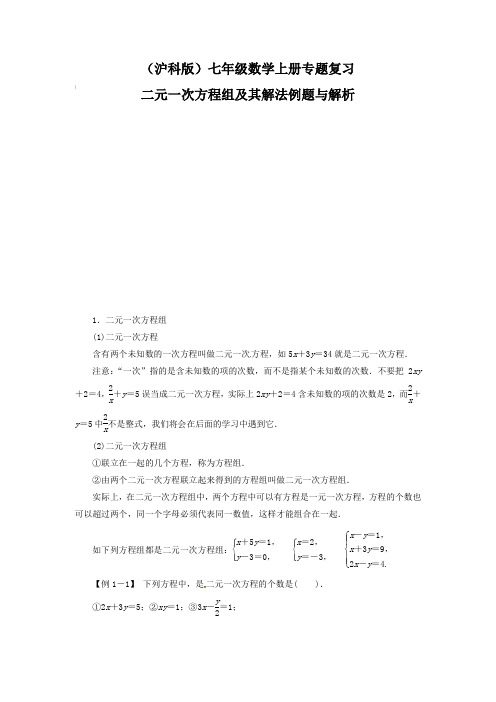 (沪科版)七年级数学上册专题复习 二元一次方程组及其解法例题与解析