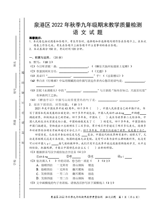 福建省泉州市泉港区2022-2023学年上学期九年级期末教学质量检测语文试卷