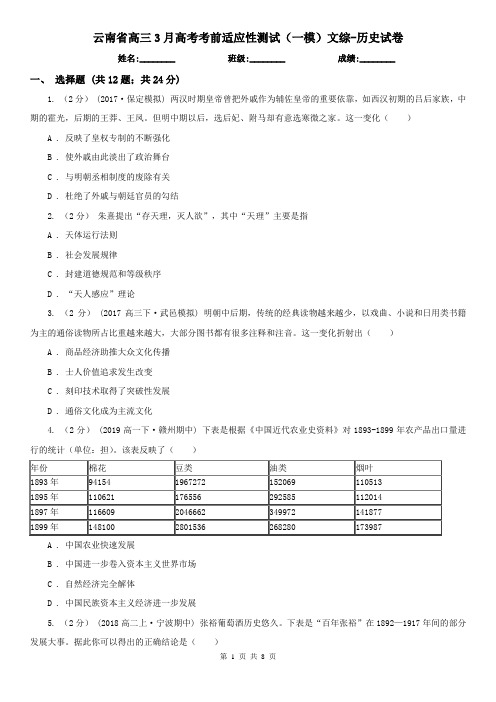 云南省高三3月高考考前适应性测试(一模)文综-历史试卷