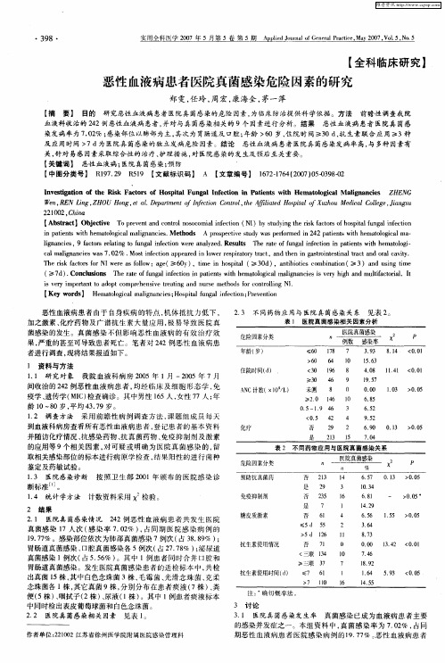 恶性血液病患者医院真菌感染危险因素的研究