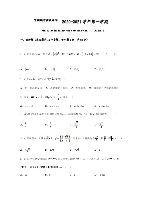 宁夏青铜峡市高级中学2021届高三上学期期中考试数学(理)试题 Word版含答案