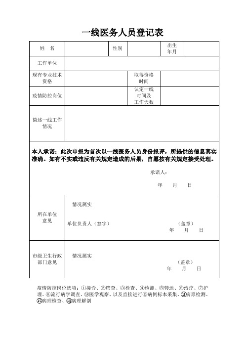 一线医务人员登记表(模板)