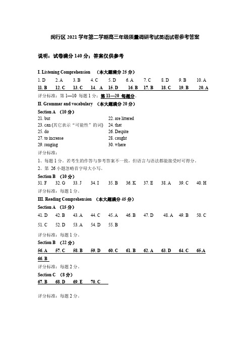 上海市闵行区高考二模英语试题参考答案