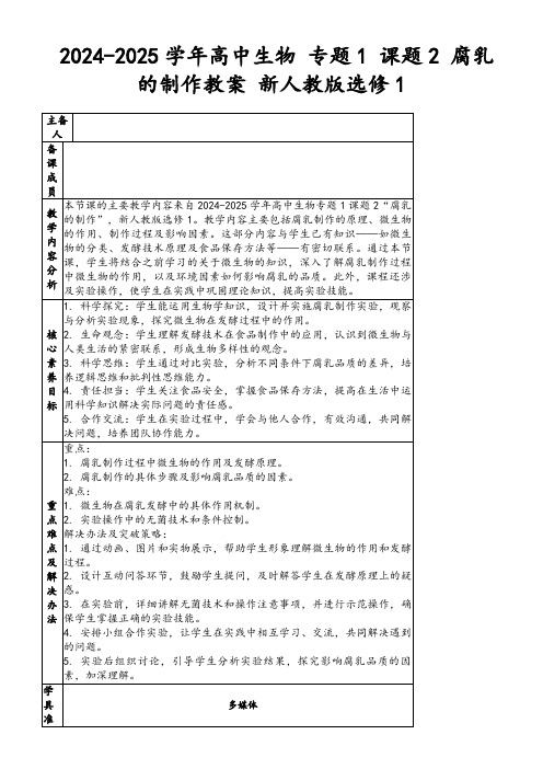 2024-2025学年高中生物专题1课题2腐乳的制作教案新人教版选修1