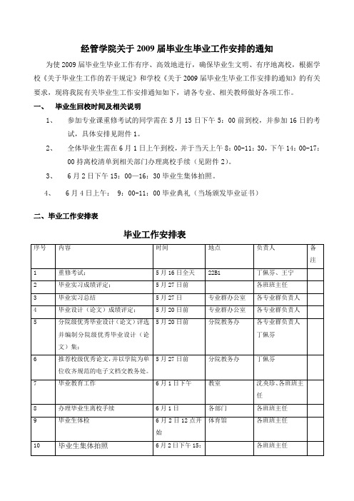 经管学院关于2009届毕业生毕业工作安排的通知