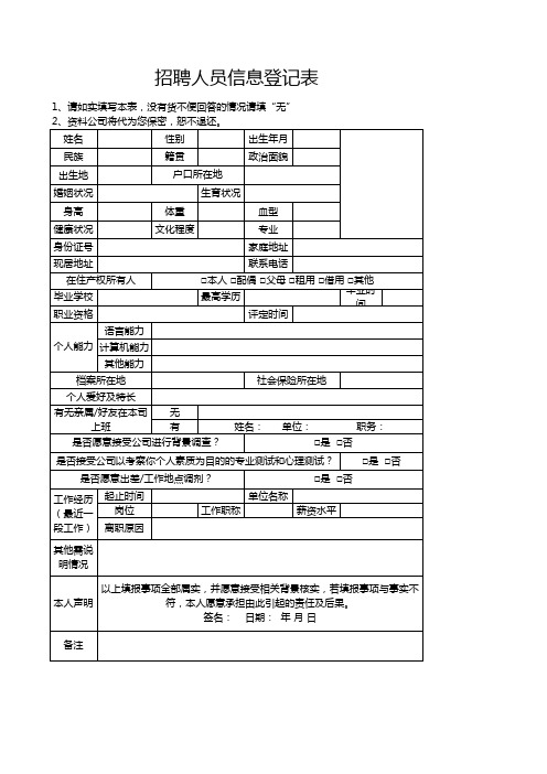 招聘人员信息登记表