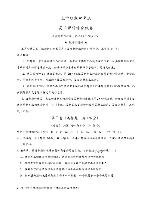 华中师范大学第一附中高三上学期期中考试理综试题(有答案)[精品]