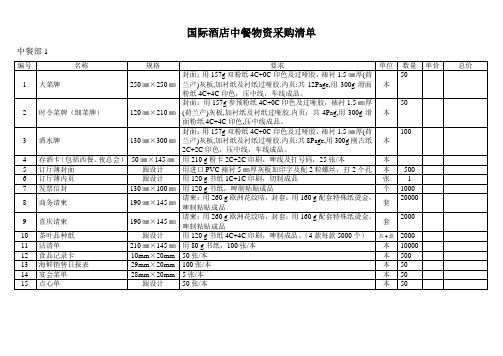 酒店中餐物资印刷品采购清单