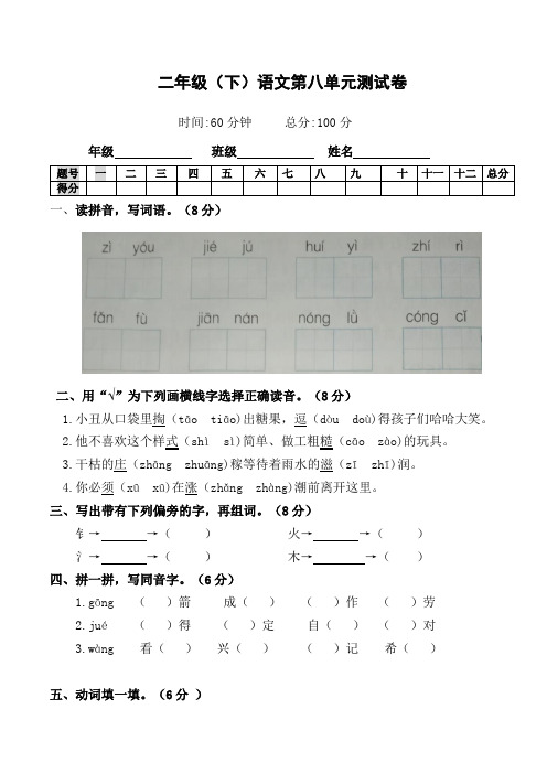 部编版语文二年级下册  第八单元测试卷(含答案)