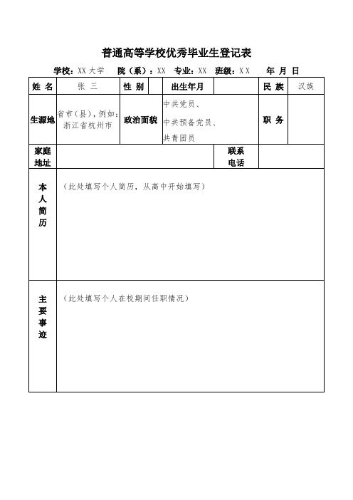 普通高等学校优秀毕业生登记表