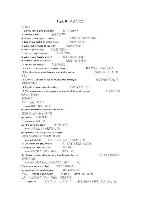 中考英语话题知识拓展topic6兴趣与爱好(常用句型+重难点解析)