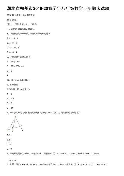 湖北省鄂州市2018-2019学年八年级数学上册期末试题