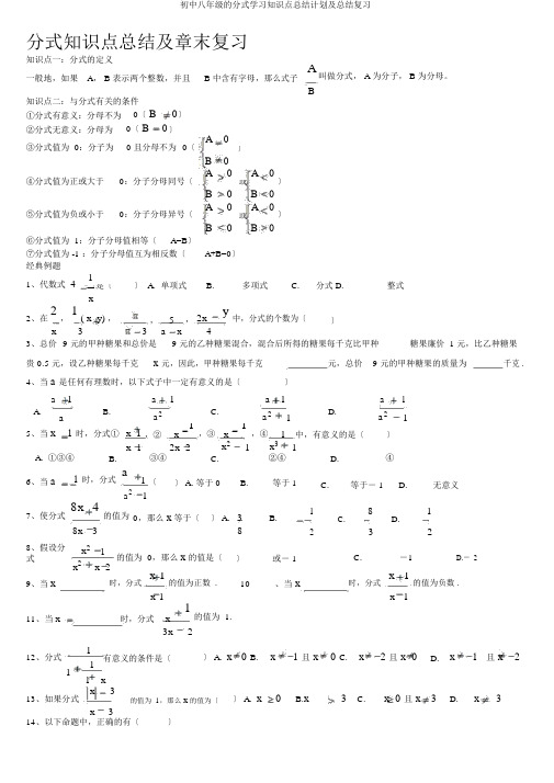 初中八年级的分式学习知识点总结计划及总结复习