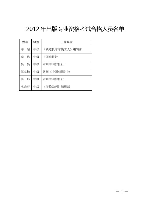 2012年出版专业资格考试合格人员名单