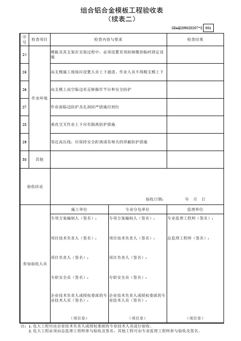 组合铝合金模板工程验收表