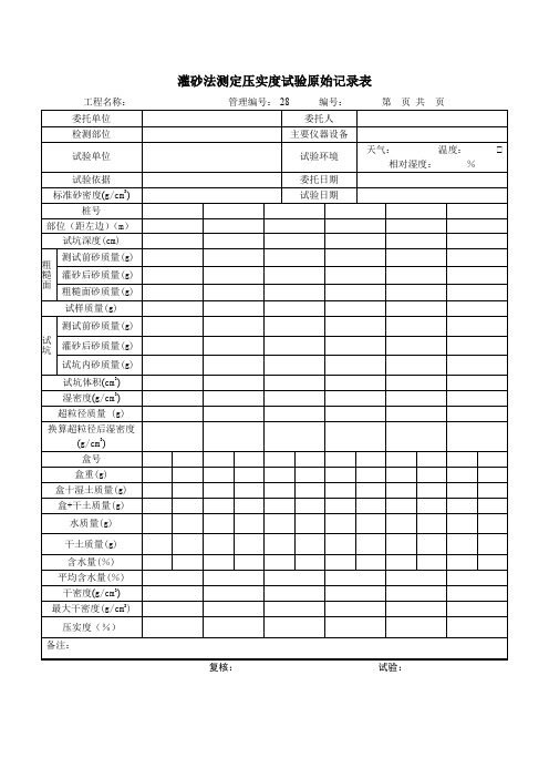 灌砂法测定压实度试验原始记录表