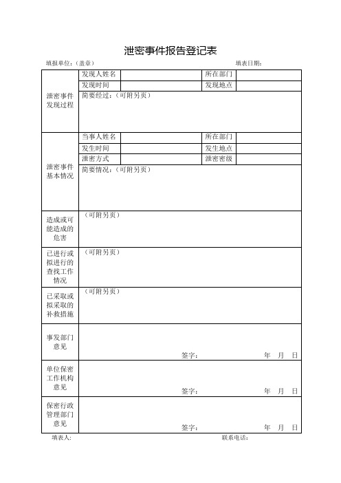 泄密事件报告登记表