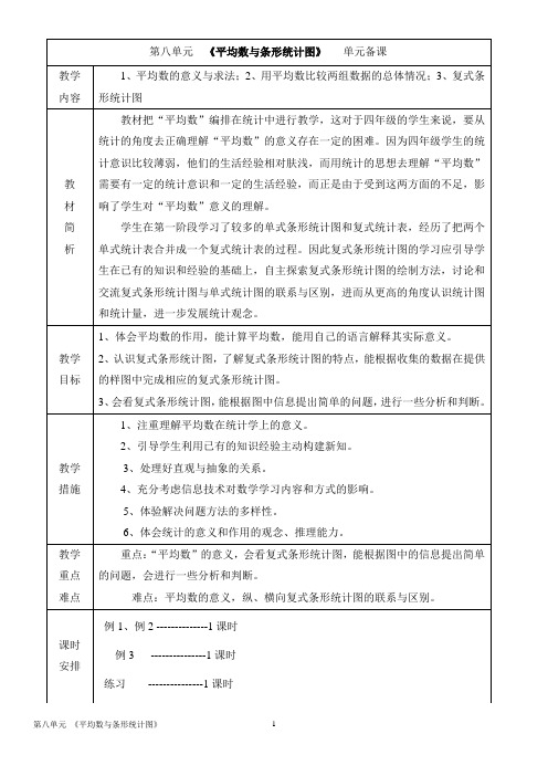 人教版四年级下册第八单元 《平均数与条形统计图》全单元备课