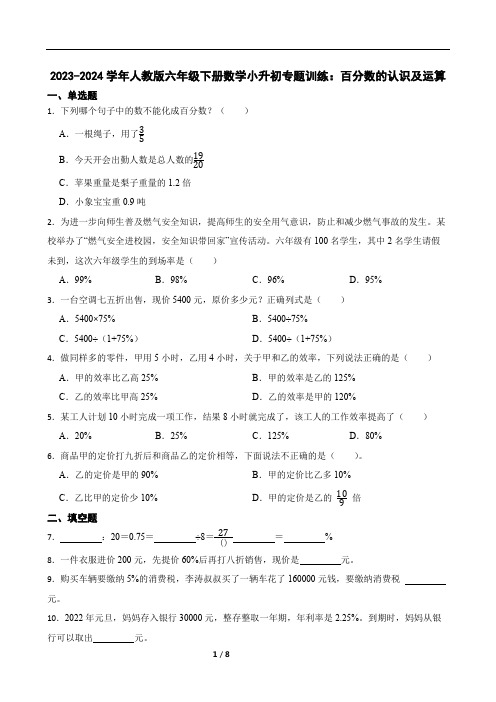 2023-2024学年人教版六年级下册数学小升初专题训练：百分数的认识及运算(含答案)