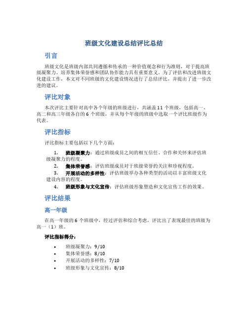 班级文化建设总结评比总结