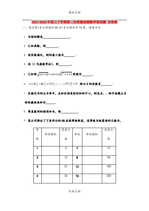 2021-2022年高三下学期第二次质量检测数学理试题 含答案