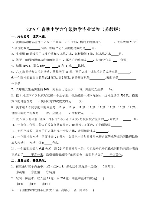 2019年小学六年级小升初数学毕业模拟试卷附参考答案