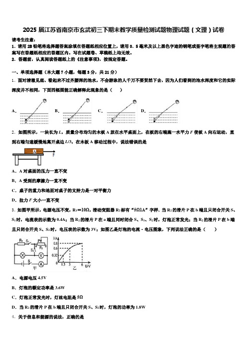 2025届江苏省南京市玄武初三下期末教学质量检测试题物理试题(文理)试卷含解析