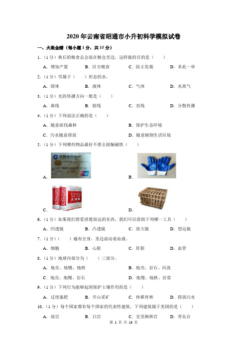 2020年云南省昭通市小升初科学模拟试卷及答案解析