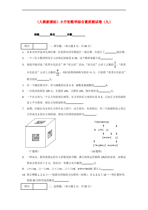 人教版六年级数学小升初综合素质测试卷(九)