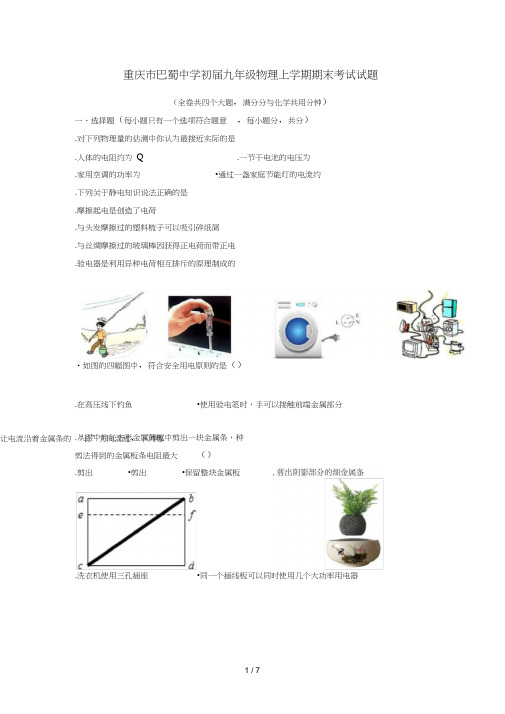 重庆市巴蜀中学2019届九年级物理上学期期末考试试题