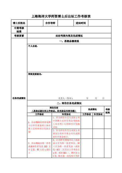 上海海洋大学师资博士后出站工作考核表