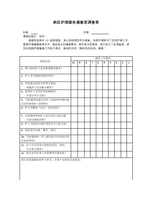 住院病人对护士满意度调查表