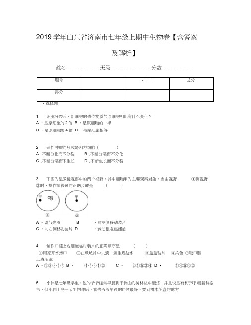 2019学年山东省济南市七年级上期中生物卷【含答案及解析】