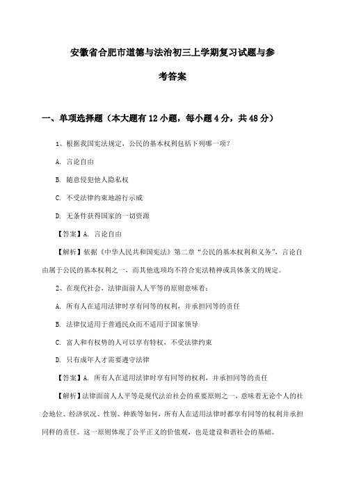 安徽省合肥市道德与法治初三上学期复习试题与参考答案