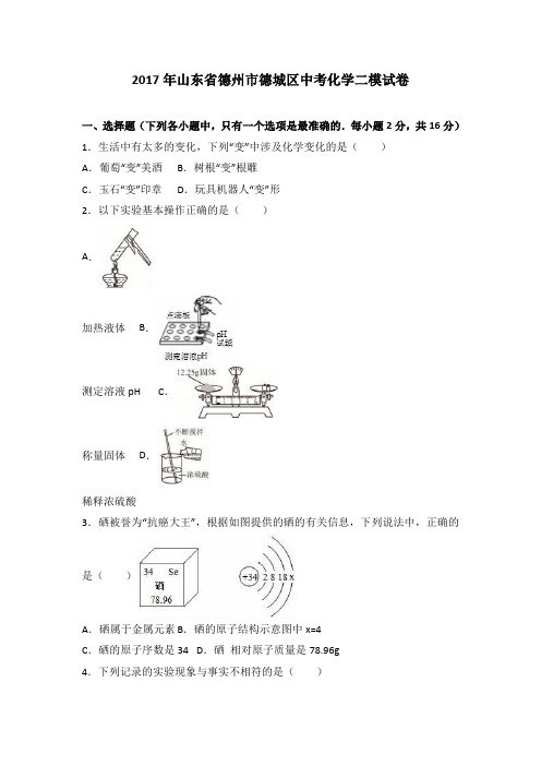 山东省德州市德城区2017届中考化学二模试卷(解析版)