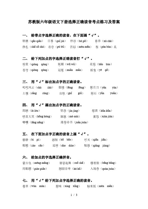 苏教版六年级语文下册选择正确读音考点练习及答案