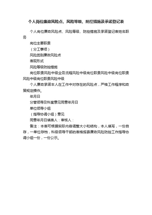 个人岗位廉政风险点、风险等级、防控措施及承诺登记表