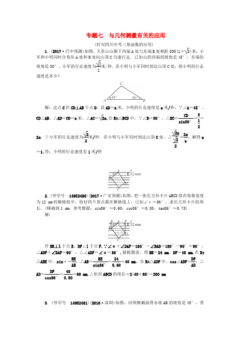 (四川版)2017中考数学专题总复习 专题七 与几何测量有关的应用试题