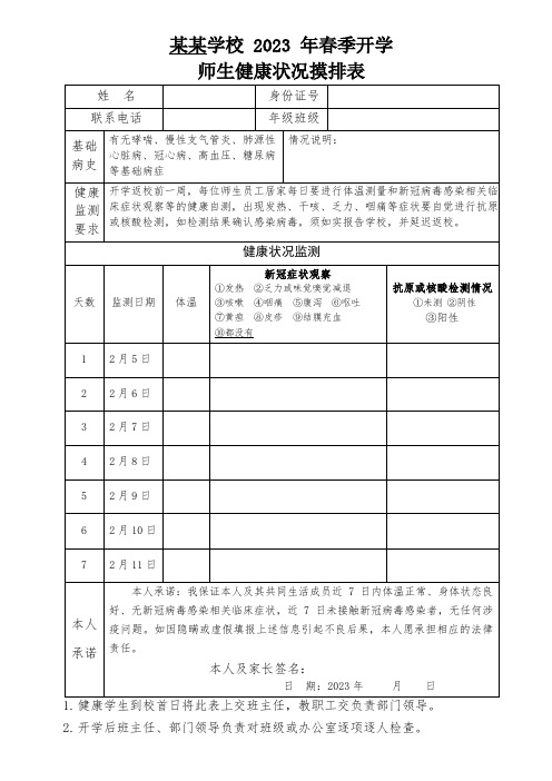 2023春季开学健康状况摸排表